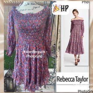 Rebecca Taylor Off-Shoulder Smocked Cosmic Fleur Floral Silk Blend Dress Sz 6